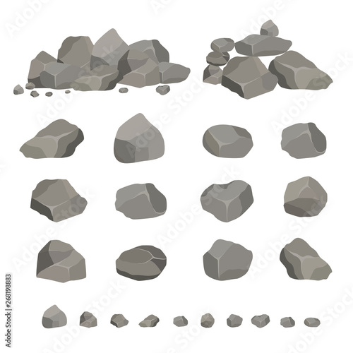 Set of gray granite stones of different shapes. Element of nature, mountains, rocks, caves. Minerals, boulder and cobble.