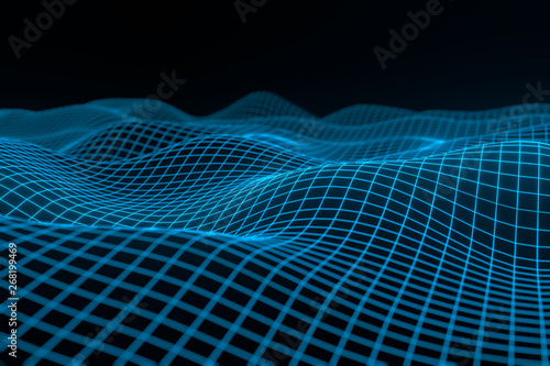 Abstract geometric background with digital landscape or waves . Montain wireframe hologram 3 D rendering