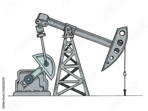 Oil rig color sketch engraving vector illustration. Scratch board style imitation. Hand drawn image.