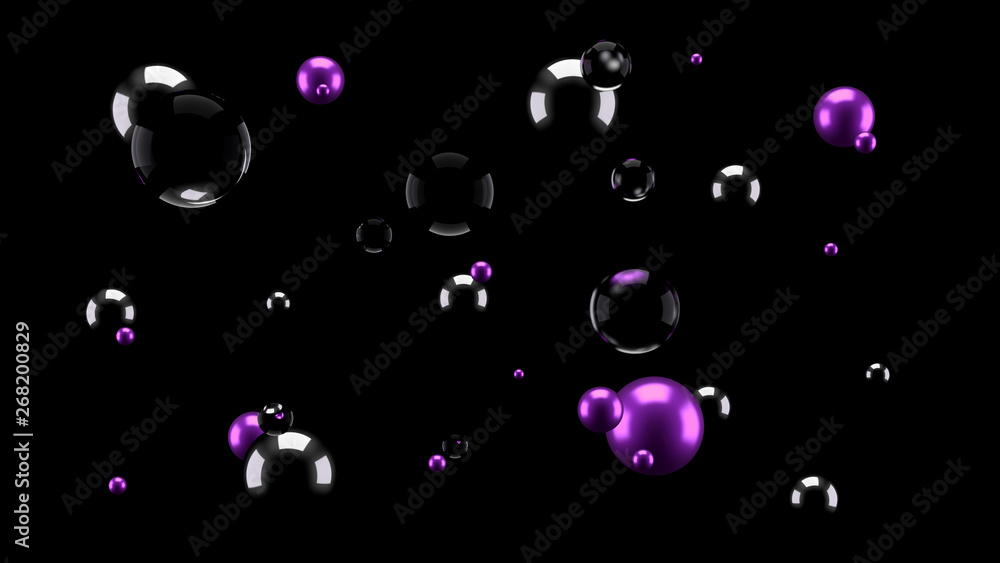 Black background with group of elements and metal. 3d illustration, 3d rendering.