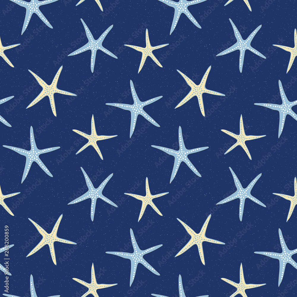 Scattered sea stars seamless pattern on dark blue background textured background. For textiles, swimwear, beach house decor, gift wrapping paper and beach wedding invitations. Beachy summer look. Scattered sea stars seamless pattern on dark blue background textured background. For textiles, swimwear, beach house decor, gift wrapping paper and beach wedding invitations. Beachy summer look.