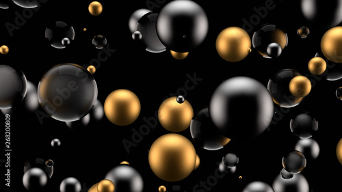 Black background with group of elements and metal. 3d illustration, 3d rendering.