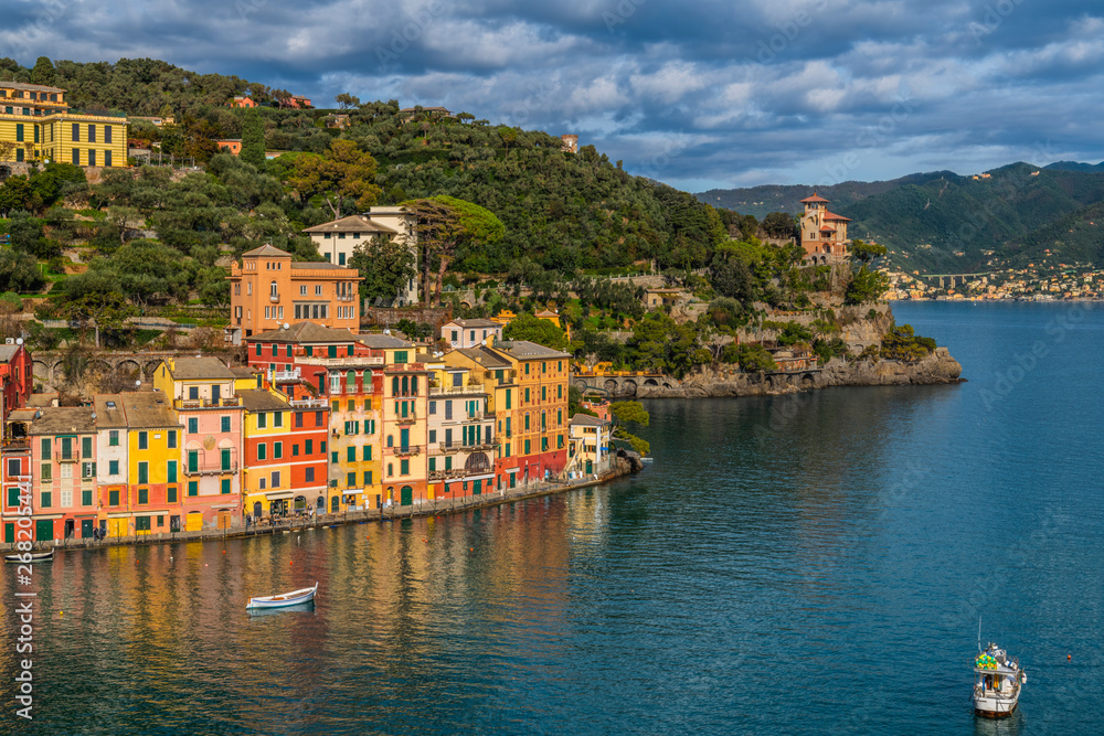 Famous fishing village in Italy Portofino with its picturesque bay and colorful waterfront houses, Liguria region