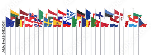 Silk waving 28 flags of countries of European Union. Isolated on white. 3D illustration. - Illustration