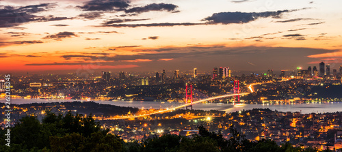 Istanbul Bosphorus Bridge at sunset. 15th July Martyrs Bridge. Night view from Camlica Hill. Istanbul, Turkey..