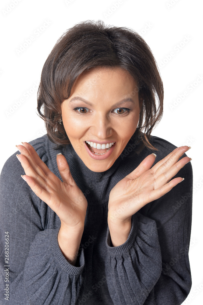 Studio portrait of beautiful brunette woman on white background Studio portrait of beautiful brunette woman on white background