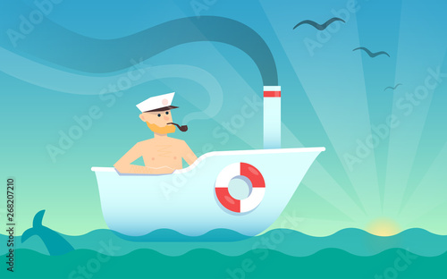 A man like the Sea captain sailing in a boat bathtub on the sea. A humorous fun illustration of the concept poster on the theme of leisure rest and vacation holiday