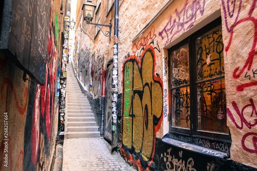 The picture from the narrow traditional streets of Stockholm. Walking inside the Gamla Stan.  © shootingtheworld