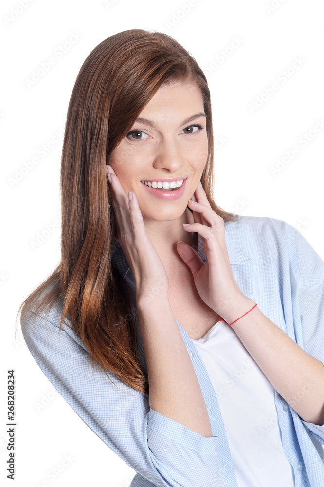 Portrait of beautiful young woman posing on white background Portrait of beautiful young woman posing on white background