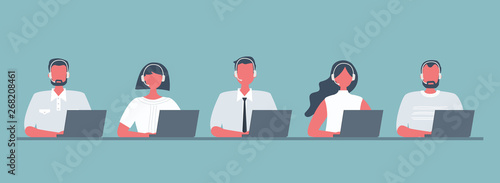 Web banner of call center workers. Young men and women in headphones sitting at the table on a blue background. People icons. Funky flat style. Vector illustration.