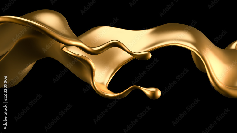 Elegant, luxury splash of gold liquid. 3d illustration, 3d rendering. - obrazy, fototapety, plakaty 