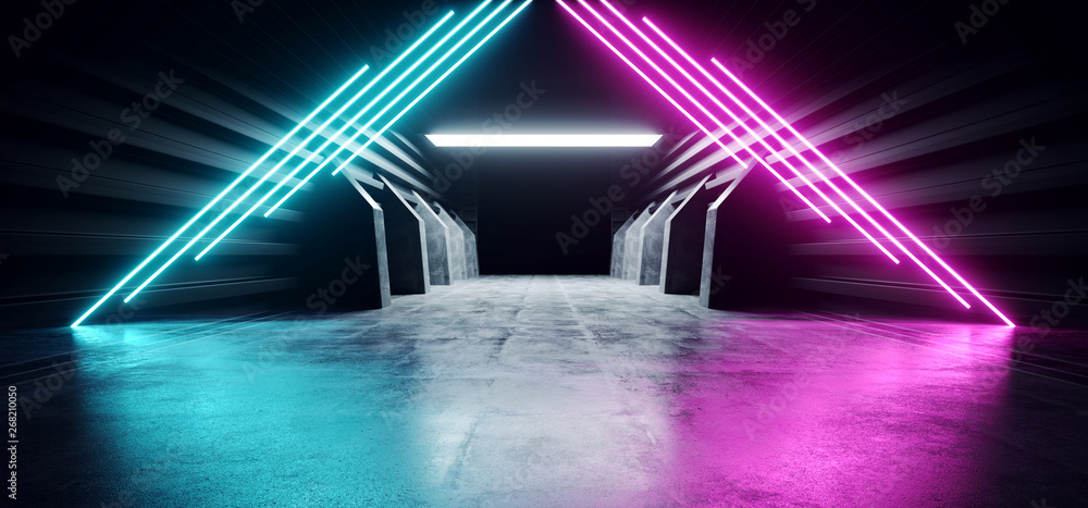 Naklejka Neon Purple Blue Glowing Futuristic Modern Sci Fi Concrete Hallway Corridor Tunnel Warehouse Underground Garage Grunge Dark Empty Reflection Showcase Stage Laser Spaceship 3D Rendering
