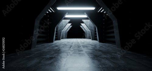 Fototapeta Naklejka Na Ścianę i Meble -  Futuristic Modern Sci Fi Concrete Hallway Corridor Tunnel Warehouse Underground Garage Grunge Dark Empty Reflection Showcase Stage White Blue Glow Spaceship 3D Rendering