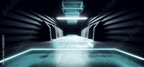 Neon Blue Glowing Futuristic Modern Sci Fi Concrete Hallway Corridor Tunnel Warehouse Underground Garage Grunge Dark Empty Reflection Showcase Stage Laser Spaceship 3D Rendering