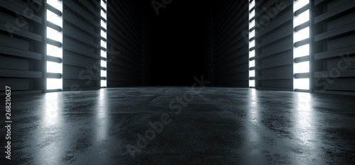 Futuristic Modern Sci Fi Concrete Hallway Corridor Tunnel Warehouse Underground Garage Grunge Dark Empty Reflection Showcase Stage White Blue Glow Spaceship 3D Rendering photo