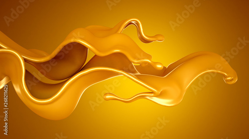 Splash of caramel on a yellow background. 3d illustration, 3d rendering.