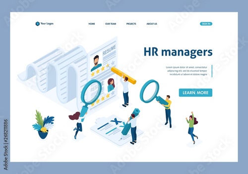 Isometric HR Manager, consideration of the summary, recruiting concept. Template Landing page