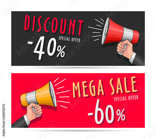 Discount flyers for sale with loudspeaker illustration