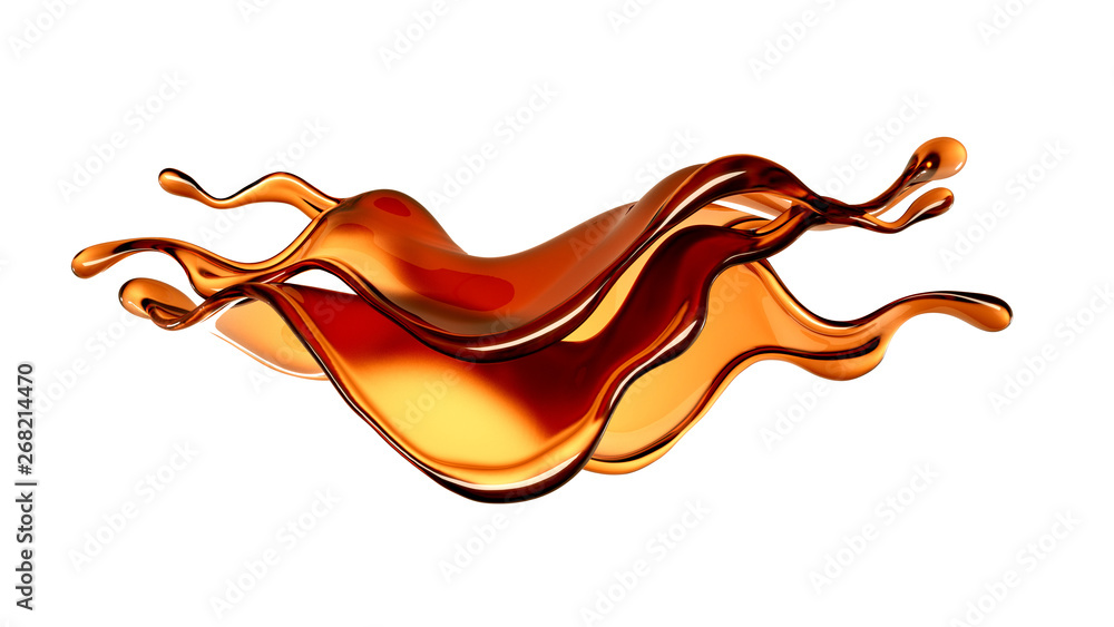 Splash of transparent brown liquid on a white background. 3d illustration, 3d rendering. Splash of transparent brown liquid on a white background. 3d illustration, 3d rendering.