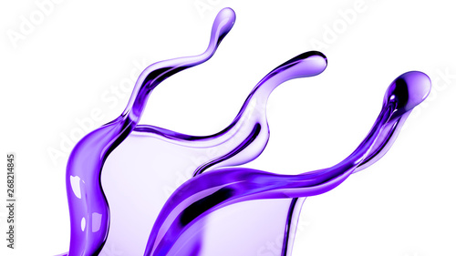 Splash of purple transparent liquid on a white background. 3d illustration  3d rendering.
