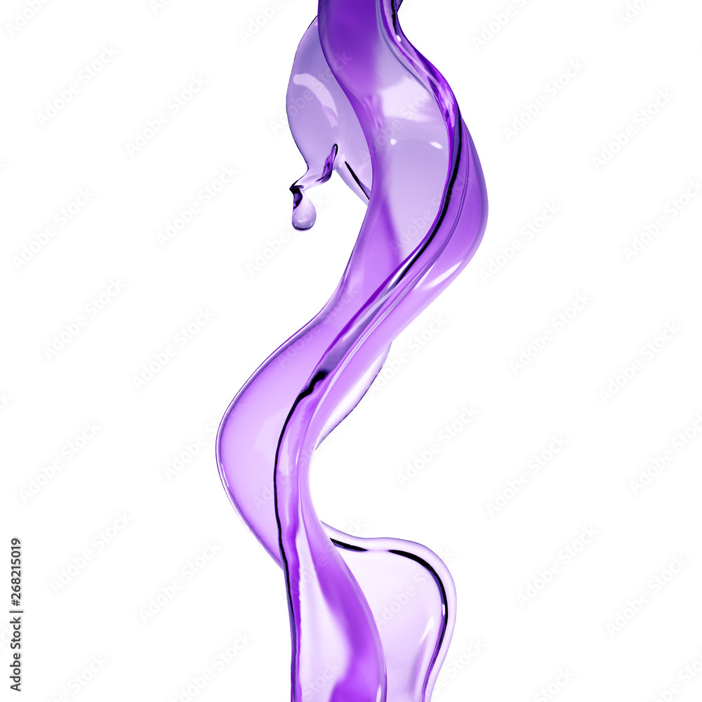 Splash of purple transparent liquid on a white background. 3d illustration, 3d rendering. Splash of purple transparent liquid on a white background. 3d illustration, 3d rendering.