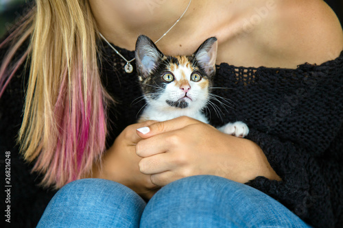 Teenage girl holding a calico kitten