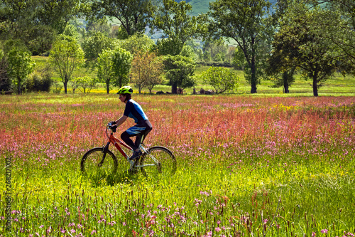 mujer paseando con una bicicleta de montaña en una campo de flores en primavera 