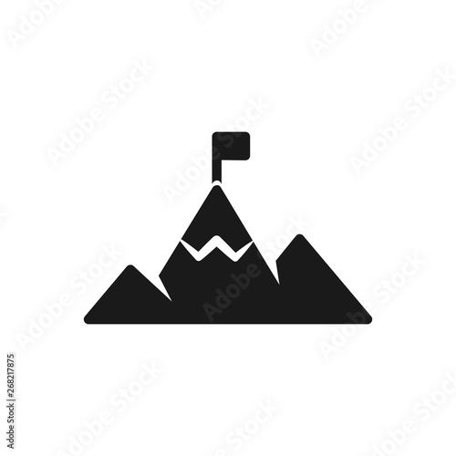 Success icon. Mountains with flag on a peak as aim achievement or leadership illustration.