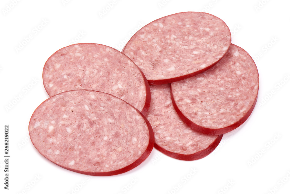Sliced cold Salami, smoked sausage, close-up, isolated on white background Sliced cold Salami, smoked sausage, close-up, isolated on white background