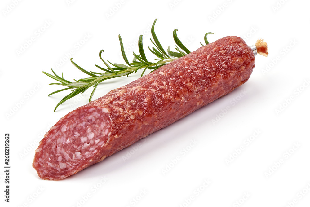 Salami Sausage Stick with rosemary, dried meat, close-up, isolated on white background Salami Sausage Stick with rosemary, dried meat, close-up, isolated on white background