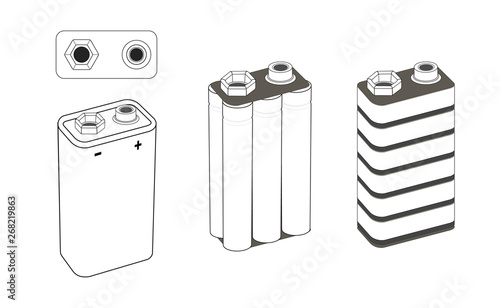 9 volt nickel, alkaline or lithium battery scheme. Battery inside. Isolated vector illustration.
