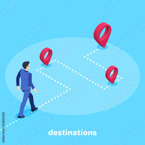 isometric vector image on a blue background, a man in a business suit walks on the dotted line with stops in a location with a location icon, a path with destinations