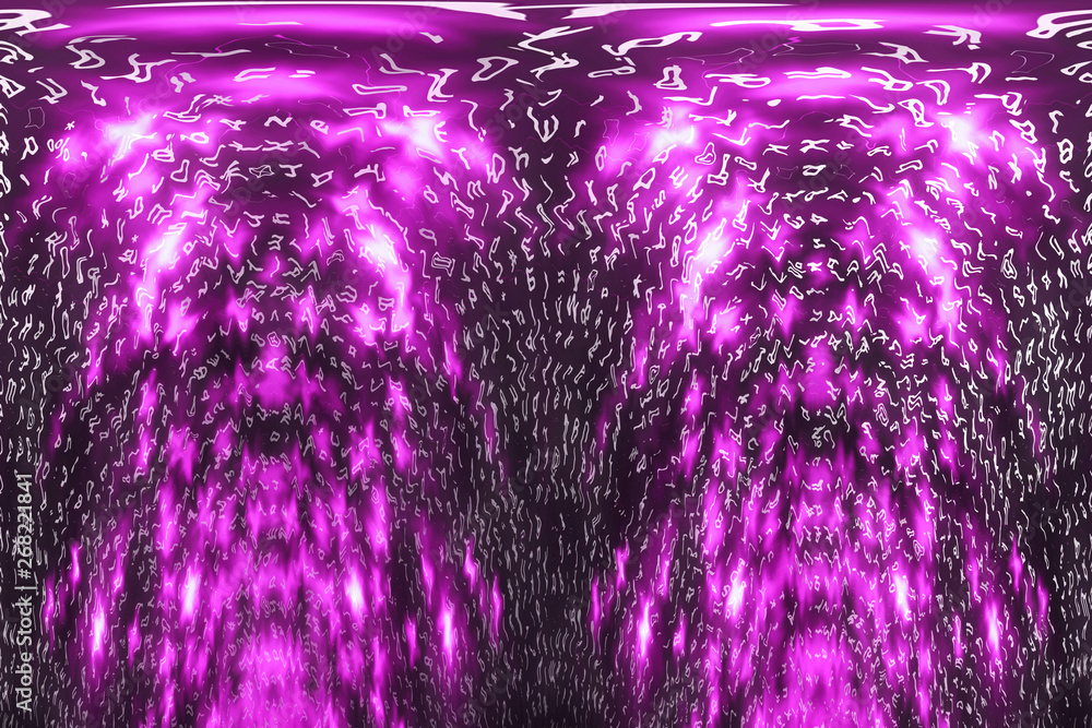 Fototapeta Pink matrix digital background. Distorted cyberspace concept. Characters fall down. Matrix from symbols stream. Virtual reality design. Complex algorithm data hacking. Pink digital sparks.