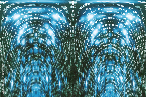 Blue matrix digital background. Distorted cyberspace concept. Characters fall down. Matrix from symbols stream. Virtual reality design. Complex algorithm data hacking. Cyan digital sparks.