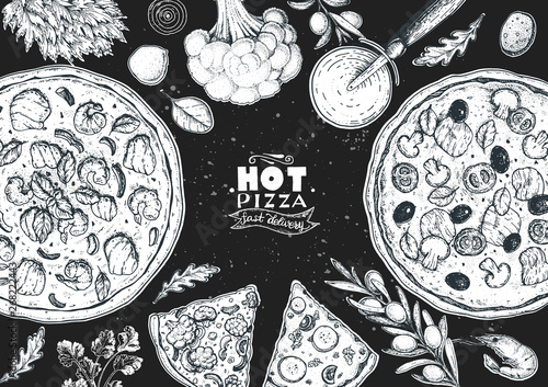 Italian pizza and ingredients top view frame. Italian food menu design template. Vintage hand drawn sketch, vector illustration. Engraved style illustration. Pizza label for menu.