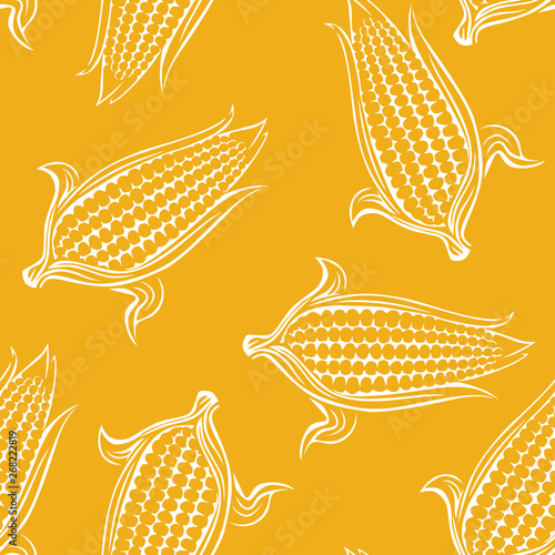 Sweet corn seamless pattern on yellow background. Simple vector monochrome illustration of maize. Cereal crop outline.