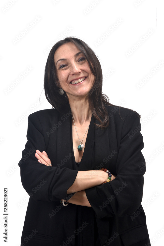 happy woman with arms crossed on white background happy woman with arms crossed on white background