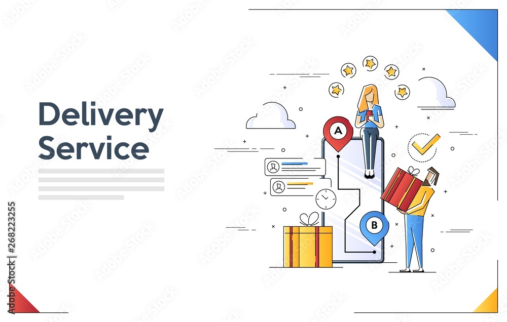 Flat line art style concept of Online Delivery Service. Vector banner, icon, illustration. Delivery service with phone from point A to point B. Flat line art style concept of Online Delivery Service. Vector banner, icon, illustration. Delivery service with phone from point A to point B.