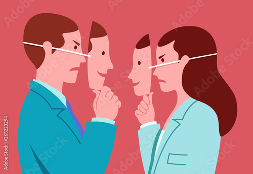 Portrait of business man and woman with smiling masks hiding real expressions of mutual hostility. Conceptual illustration representing hypocrisy in workplace photo