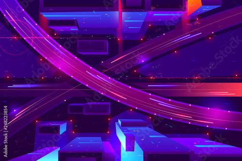 Metropolis night freeway neon colors, top view cartoon vector. Cars going in two level highway with junction and overpass among illuminated skyscrapers illustration. Modern city road infrastructure
