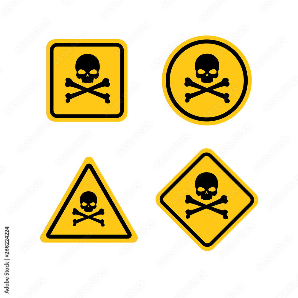 Skull and bones logo warning attention icon. Poison symbol. Flat Vector illustration. Vector attention sign with exclamation mark icon. risk sign vector illustration. Skull and bones logo warning attention icon. Poison symbol. Flat Vector illustration. Vector attention sign with exclamation mark icon. risk sign vector illustration.