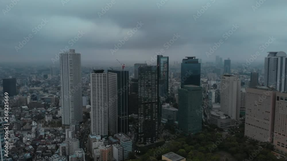 Tokyo, Shinjuku - diagonal descending aerial shot , Cloudy Morning, Japan Tokyo, Shinjuku - diagonal descending aerial shot , Cloudy Morning, Japan