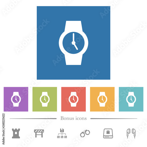 Watch flat white icons in square backgrounds