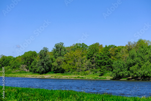 green meadow blue river and green trees