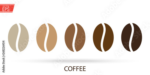 Coffee bean logo. Indicator of the degree of roasting. Cafe breakfast fresh drink and food illustration. Aromatic espresso aromatic sign. Black natural coffee seed emblem. Hot cappuccino label.