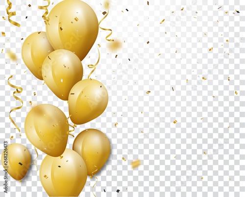 Celebration background with gold confetti and balloons