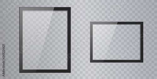 Empty shiny frame with reflection and transparency screen isolated. Lcd monitor vector illustration. Lcd display screen, tv digital panel plasma. 3D glassy picture frame design.