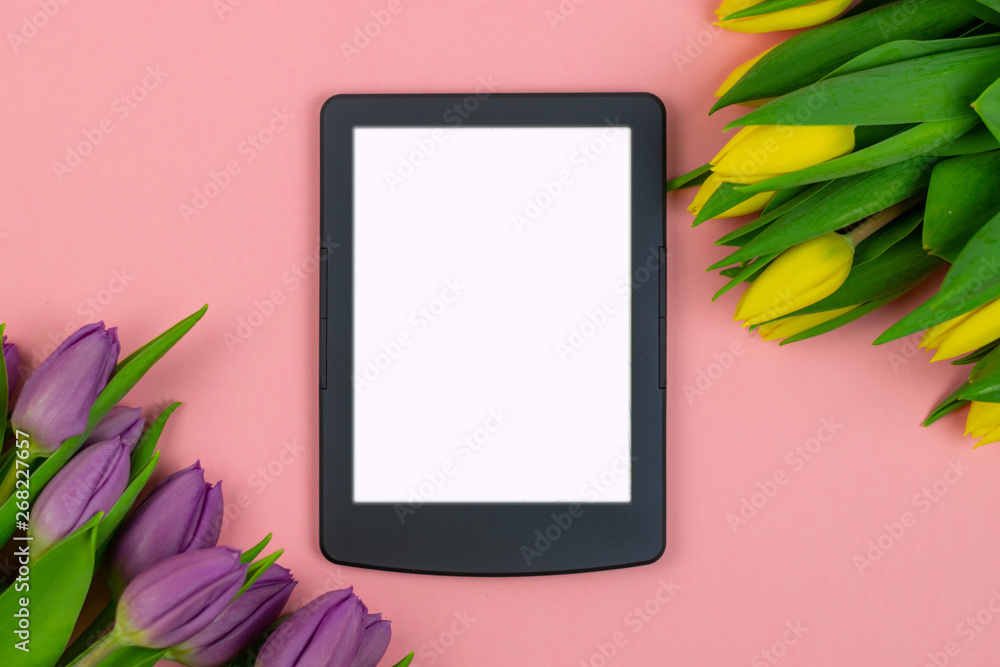 Workspace top view overhead above present advertising product on screen isolated Workspace top view overhead above present advertising product on screen isolated