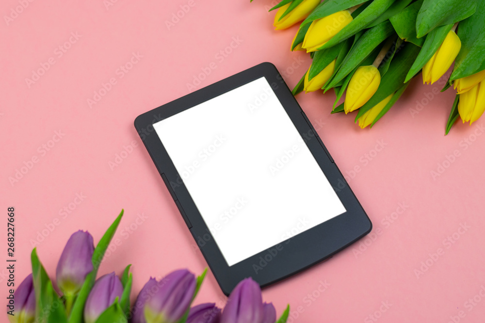 Workspace top view overhead above present advertising product on screen isolated Workspace top view overhead above present advertising product on screen isolated