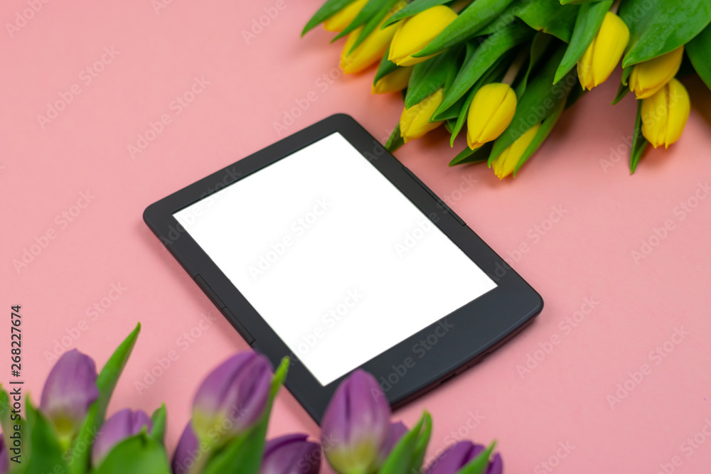 Workspace top view overhead above present advertising product on screen isolated Workspace top view overhead above present advertising product on screen isolated
